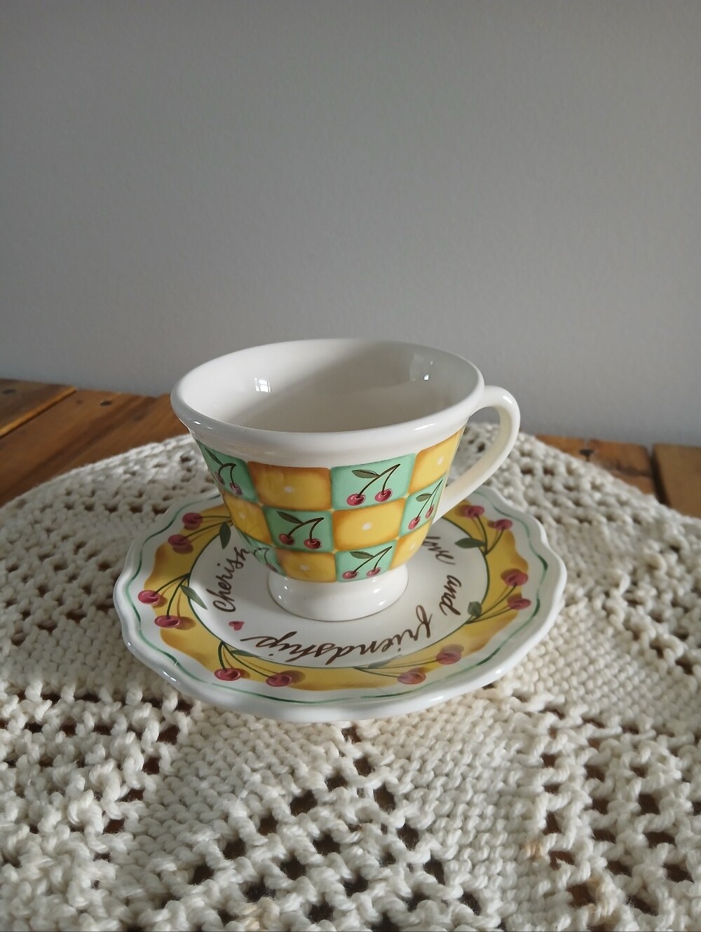 (2/15$)Vintage Cottagecore Cherry Accent Vandor 1995 Tea Cup & Saucer Set
